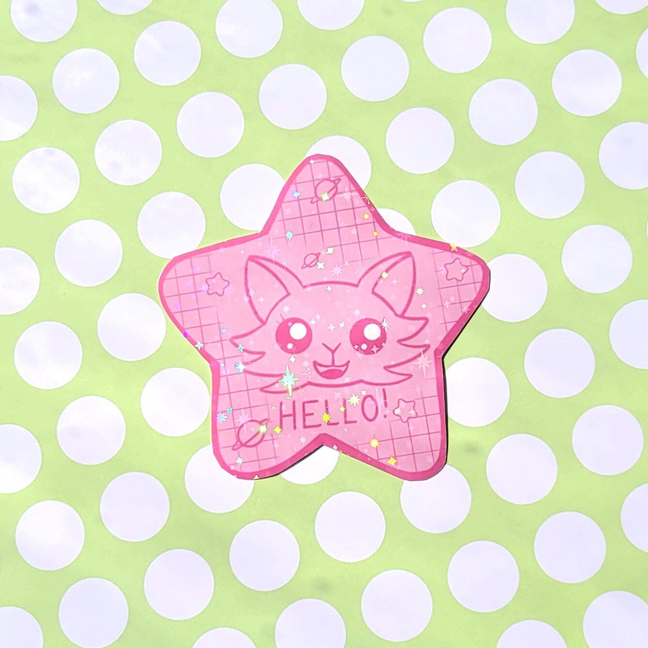 Hello! Pink Star Holographic Sticker